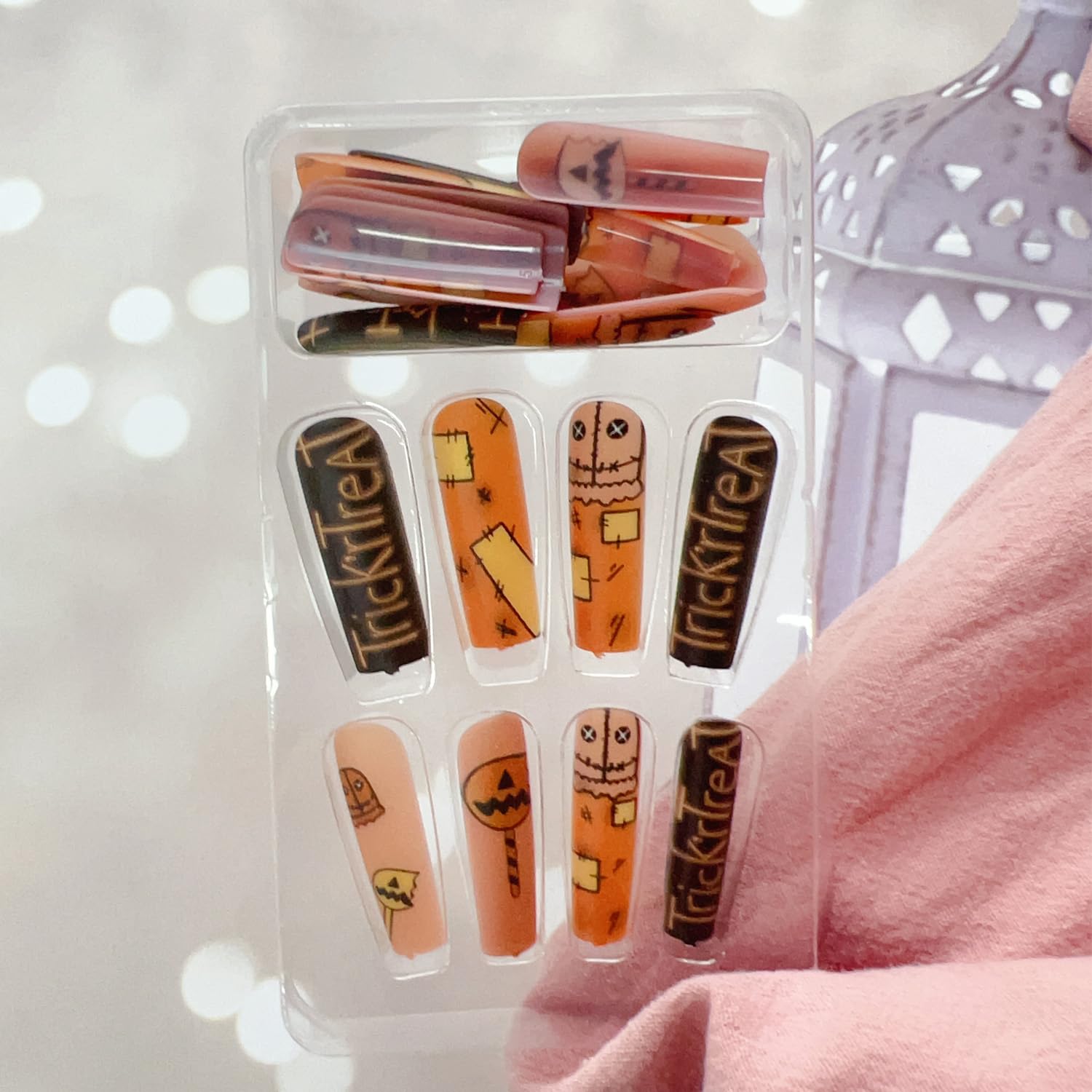 Uñas postizas a presión de Halloween, largas y cuadradas, uñas postizas acrílicas de Halloween con diseños, uñas adhesivas de Halloween de cobertura
