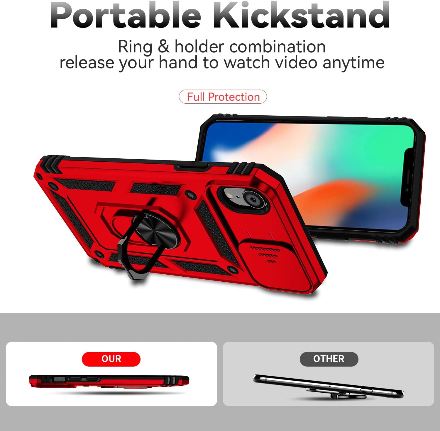 Funda para iPhone XR, con cubierta para lente de cámara, protector de pantalla HD, grado militar anillo de montaje en coche, soporte híbrido de