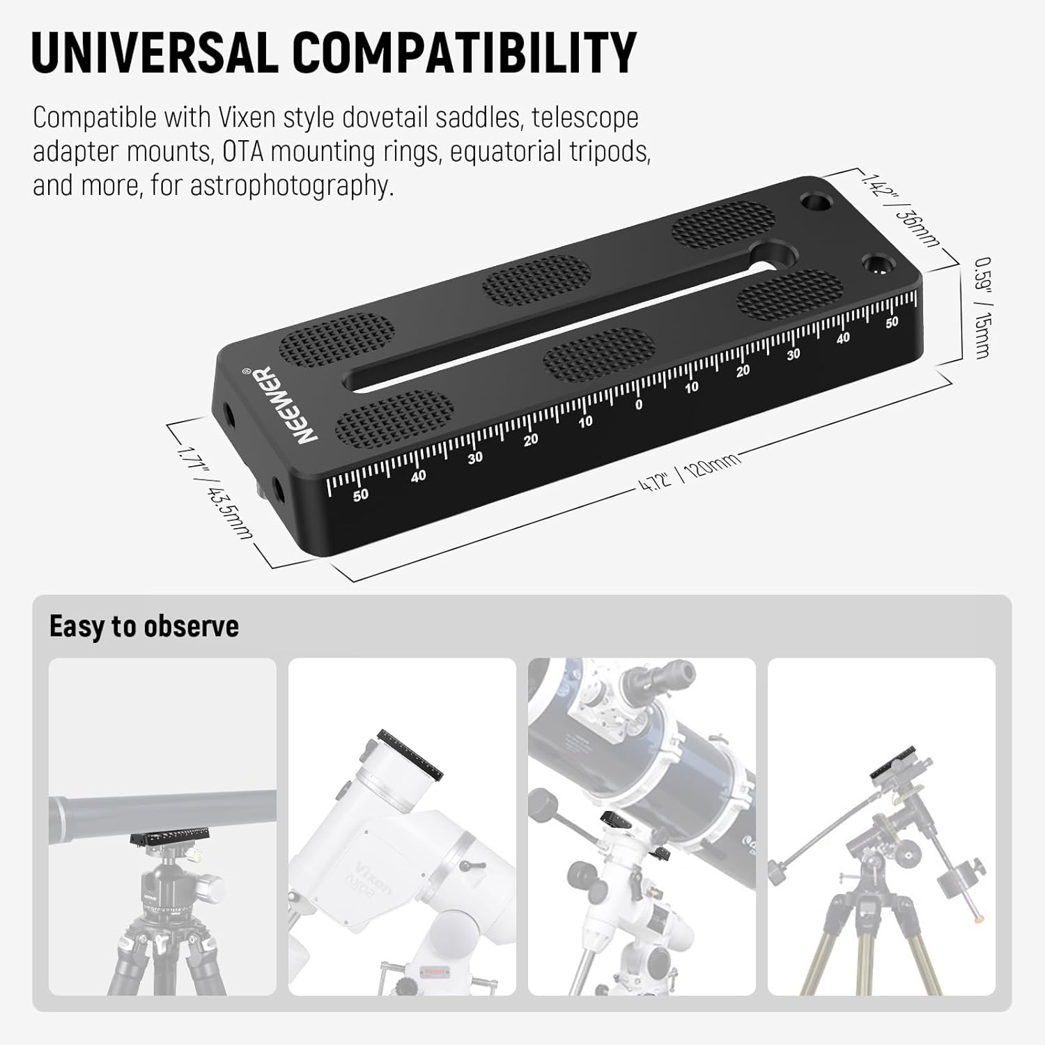 NEEWER 4.72″120mm Rail Bar Vixen Style Dovetail Plate, Metal Montaje Placa Sillín con 14″ 38″ D Anillo Tornillo para Telescopio Montaje Adaptador