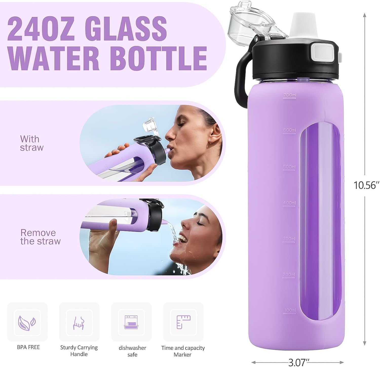 BLUEGO Botella de agua de vidrio de 24 onzas, botella de agua motivacional con marcador de tiempo y popote, botellas de agua con tapa de bloqueo y