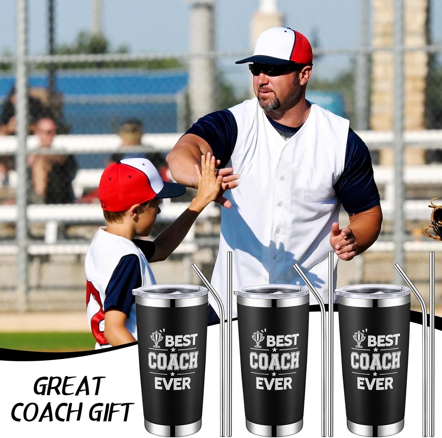 Didaey Juego de 3 juegos de regalos para entrenador Best Coach Ever, 20 onzas con silbato y pajitas, vaso de viaje de acero inoxidable para Navidad,