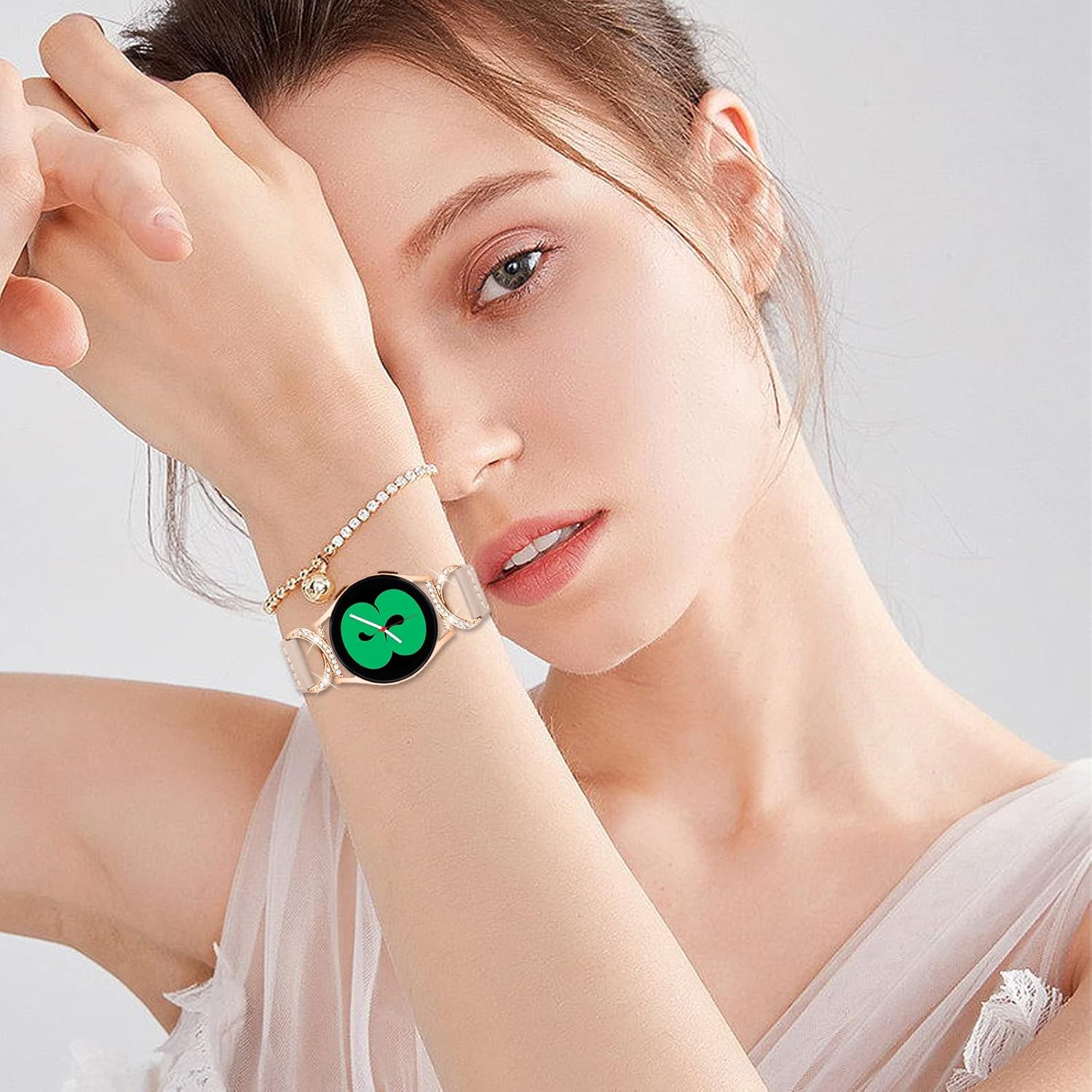 Genuine Leather Bands Compatible for Samsung Galaxy Watch 654 40mm 44mm, 5 Pro, Watch 64 Classic 43mm 47mm 42mm 46mm, Horn-shaped Diamond Metal