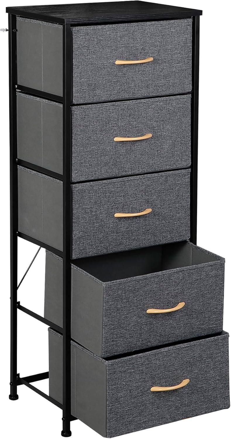 SUPER DEAL Cómoda de tela para dormitorio de 46 pulgadas de alto, cómoda de almacenamiento vertical con 5 cajones de almacenamiento, parte superior