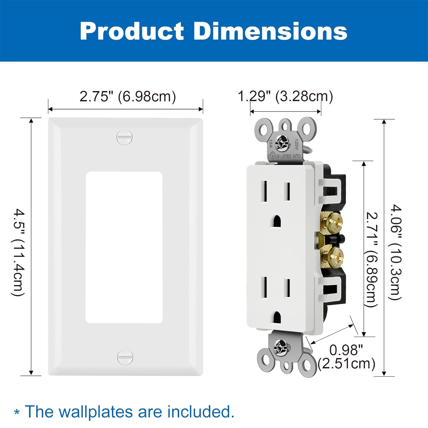 BESTTEN Toma de pared decorativa de 15 amperios, receptáculo no resistente a manipulaciones, placa de pared incluida, 15A125V1875W, certificación
