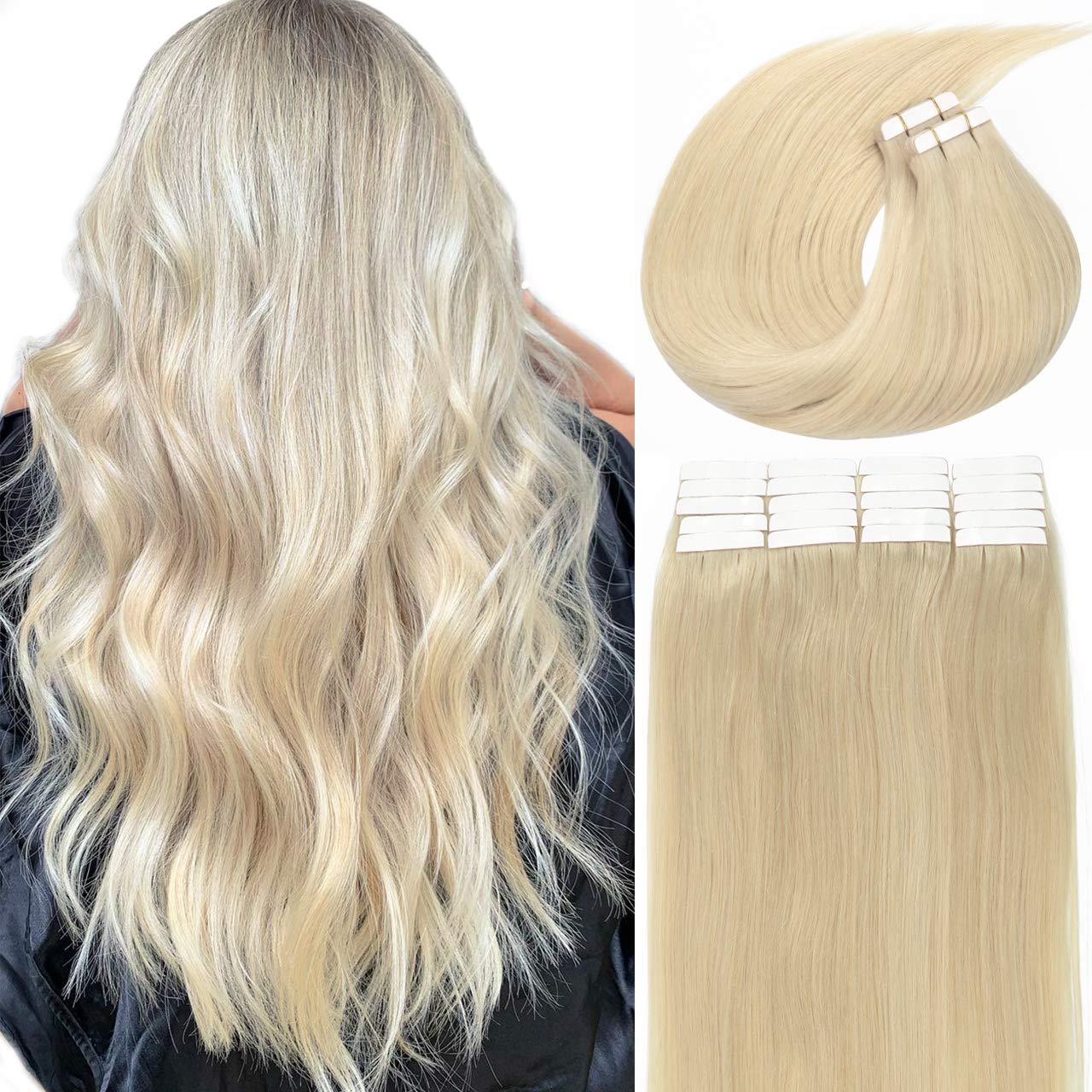 Lacer Extensiones de cabello humano Remi Remy con cinta adhesiva en trama de piel, sin costuras, 60A, rubio ceniza platino, 100% real, Remi Remi,