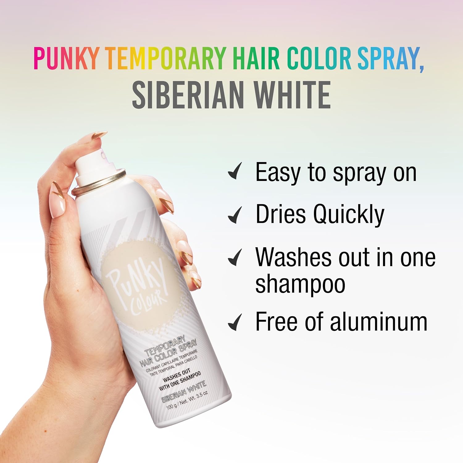 Punky – Spray de color temporal para el cabello, color blanco siberiano, de secado rápido, no pegajoso, tinte que no maltrata el cabello, colorante