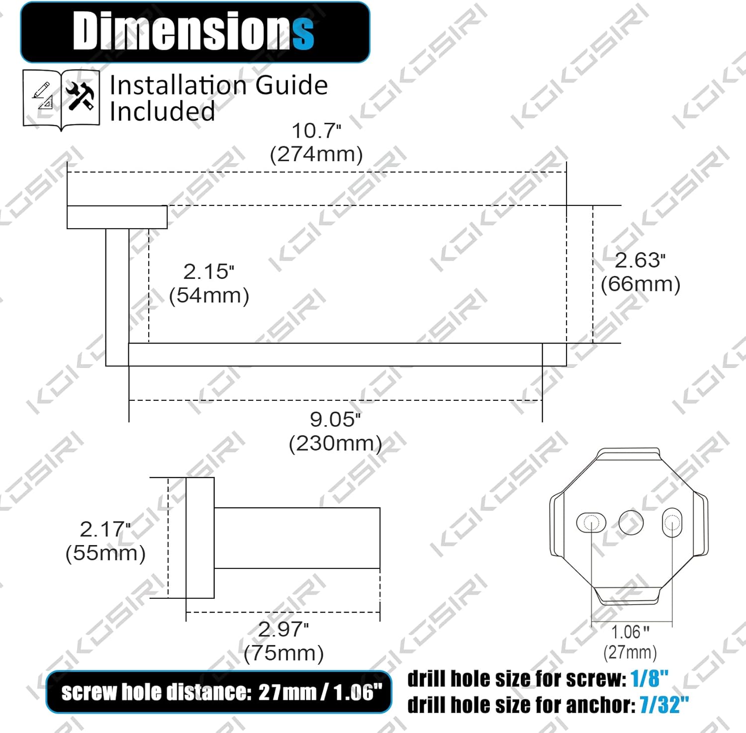 KOKOSIRI Soporte para rollo de papel higiénico, barra de toalla de baño, soporte para toallas de mano, negro mate B2003BK+B3003BK