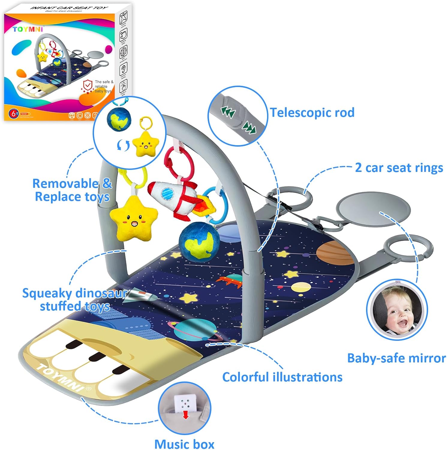 Juguetes de asiento de automóvil para bebés de 6 meses en adelante, juguetes de asiento de automóvil con piano de pedal musical, espejo de bebé y