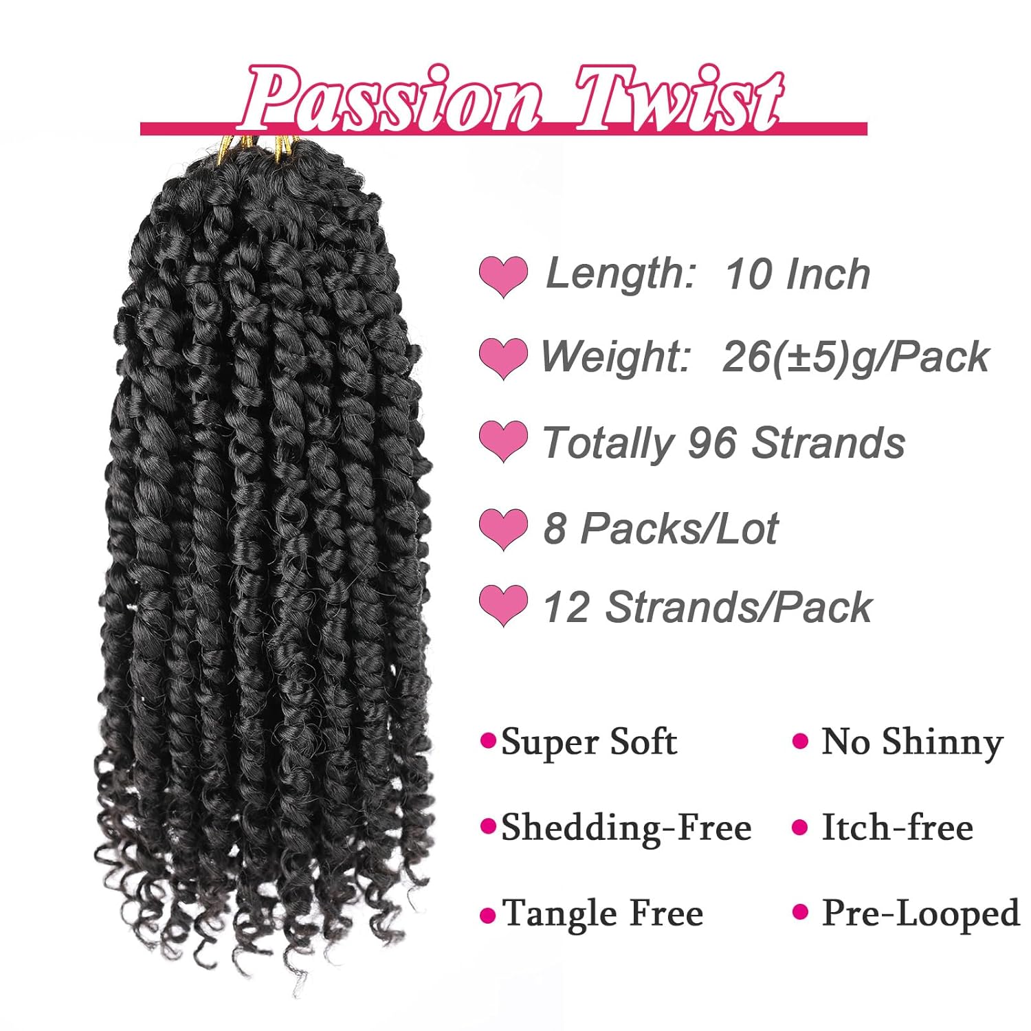 Leeven Paquete de 8 paquetes de cabello de ganchillo pret wisted Passion Twist de 10 pulgadas, color negro natural, extensiones de cabello corto