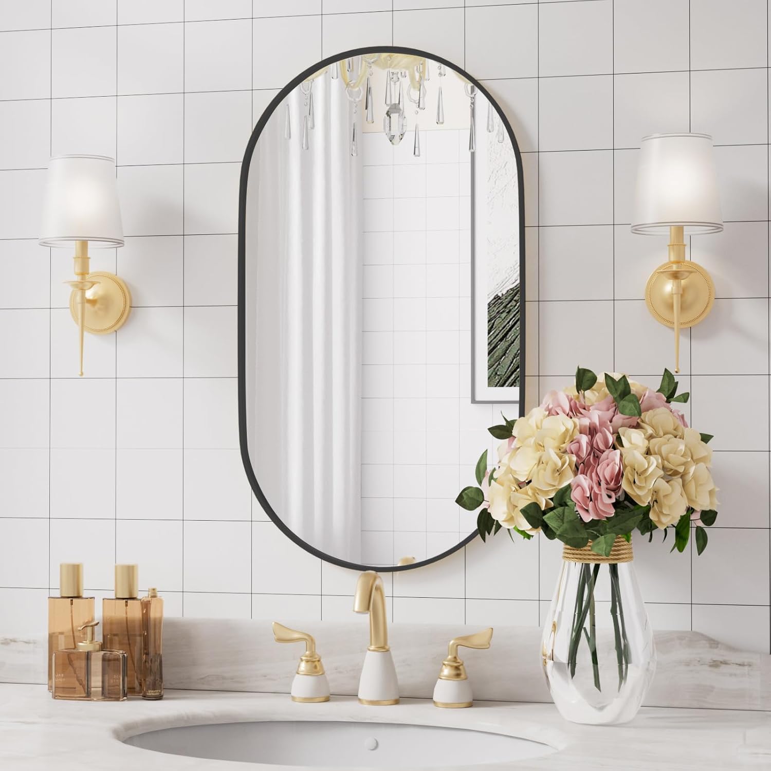 Espejos ovalados, espejos ovalados de baño, espejo ovalado negro de 20 x 28 pulgadas, espejos decorativos de pared, espejos de baño para sobre el