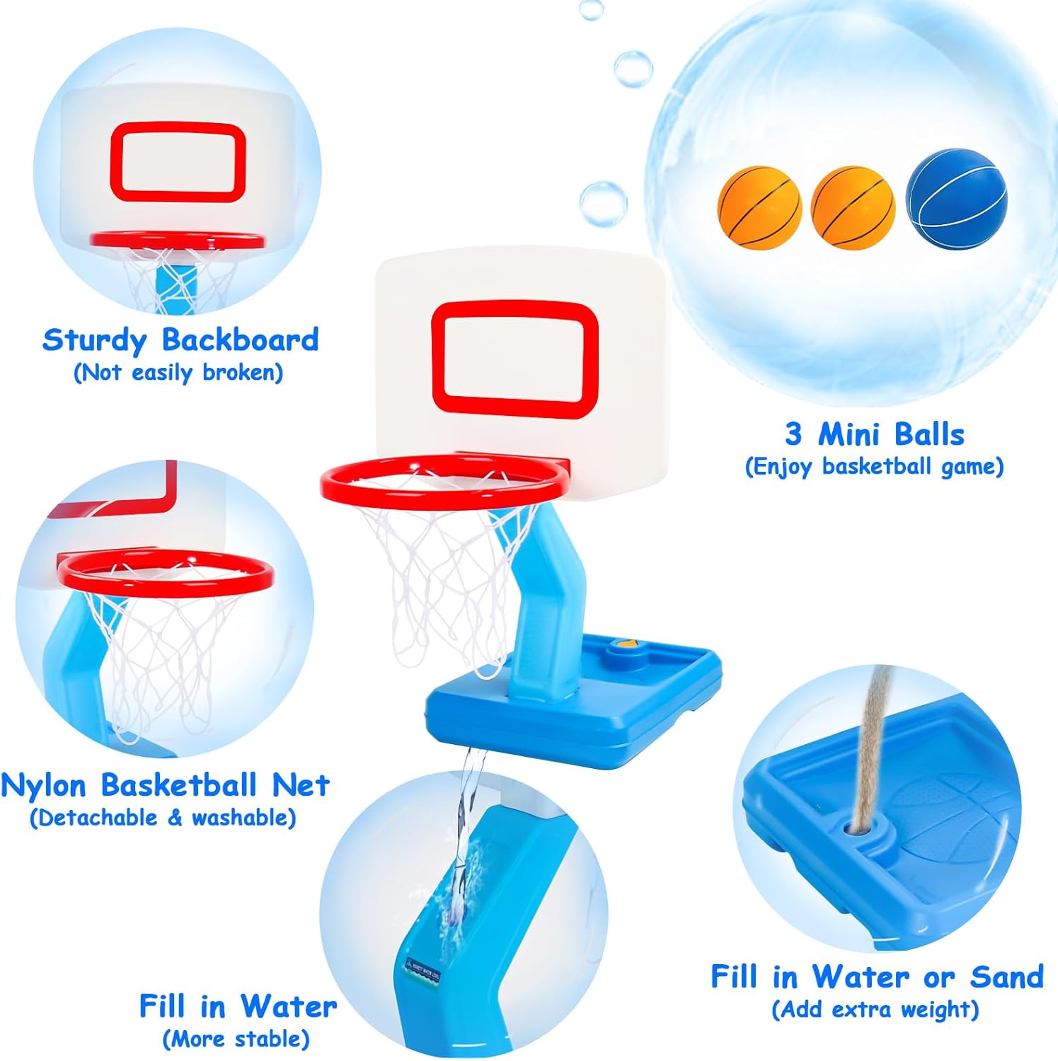 Fajiabao Toddler Basketball Hoop Indoor Adjustable Height Kids Basketball Hoop Outdoor Mini Poolside Basketball Goal with Base, 3 Mini Rubber