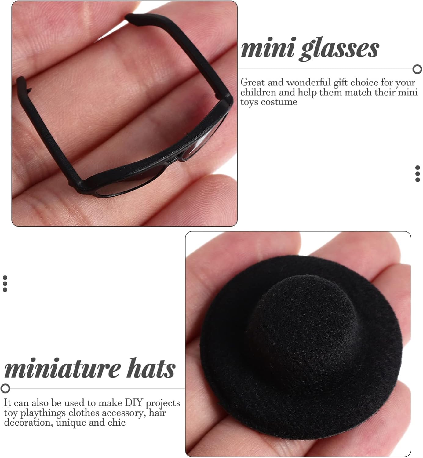 TOYANDONA Juego de gafas de muñeca, 20 sombreros de muñeca en miniatura, 20 unidades, lentes de sol negros, accesorios de disfraz para manualidades,