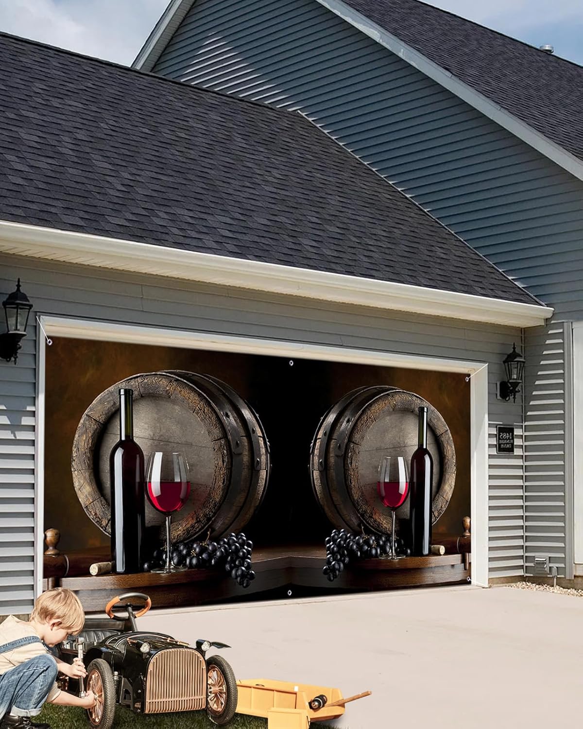Red White Wine Glasses Garage Door Decorations, Wooden barrel Art Garage Door Banner Cover with Grommets, Garage Door Mural Backdrop Decoration for