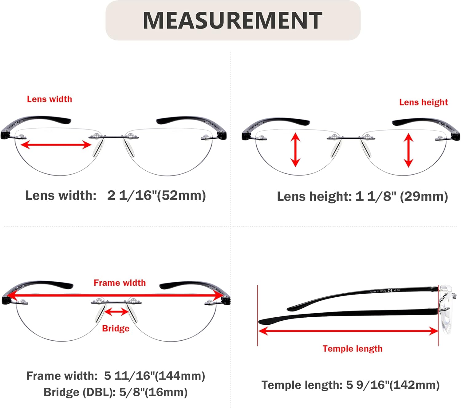 Eyekepper Paquete de 4 lentes de lectura sin montura para mujeres y hombres, lectores de media luna +1.25