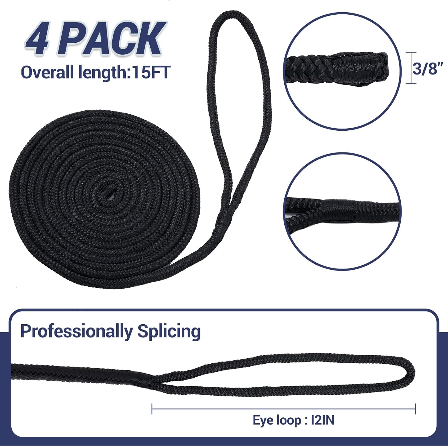 Dock Lines – Líneas de acoplamiento de nailon trenzado doble de 38 pulgadas x 15 pies, líneas de amarre con ojal de 12 pulgadas, cuerdas de barco de