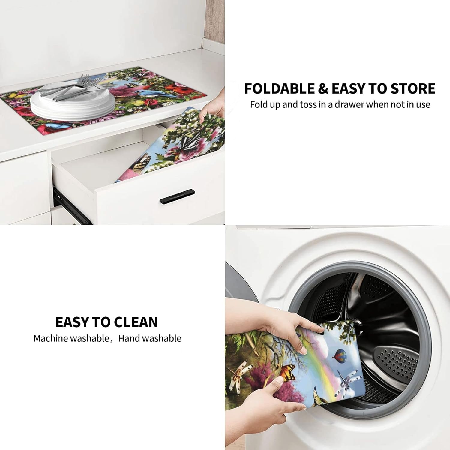 Tapete de secado de platos con diseño de flores de pájaro para encimera de cocina, extra grande, absorbente, microfibra de secado rápido, accesorios