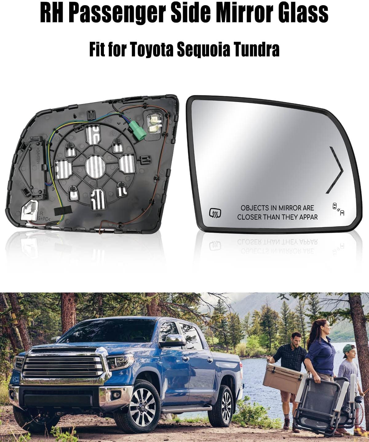 Espejo calefactable para el lado del pasajero para Toyota Sequoia 2008-2017 Toyota Tundra 2007-2020, espejo retrovisor lateral derecho con lámpara