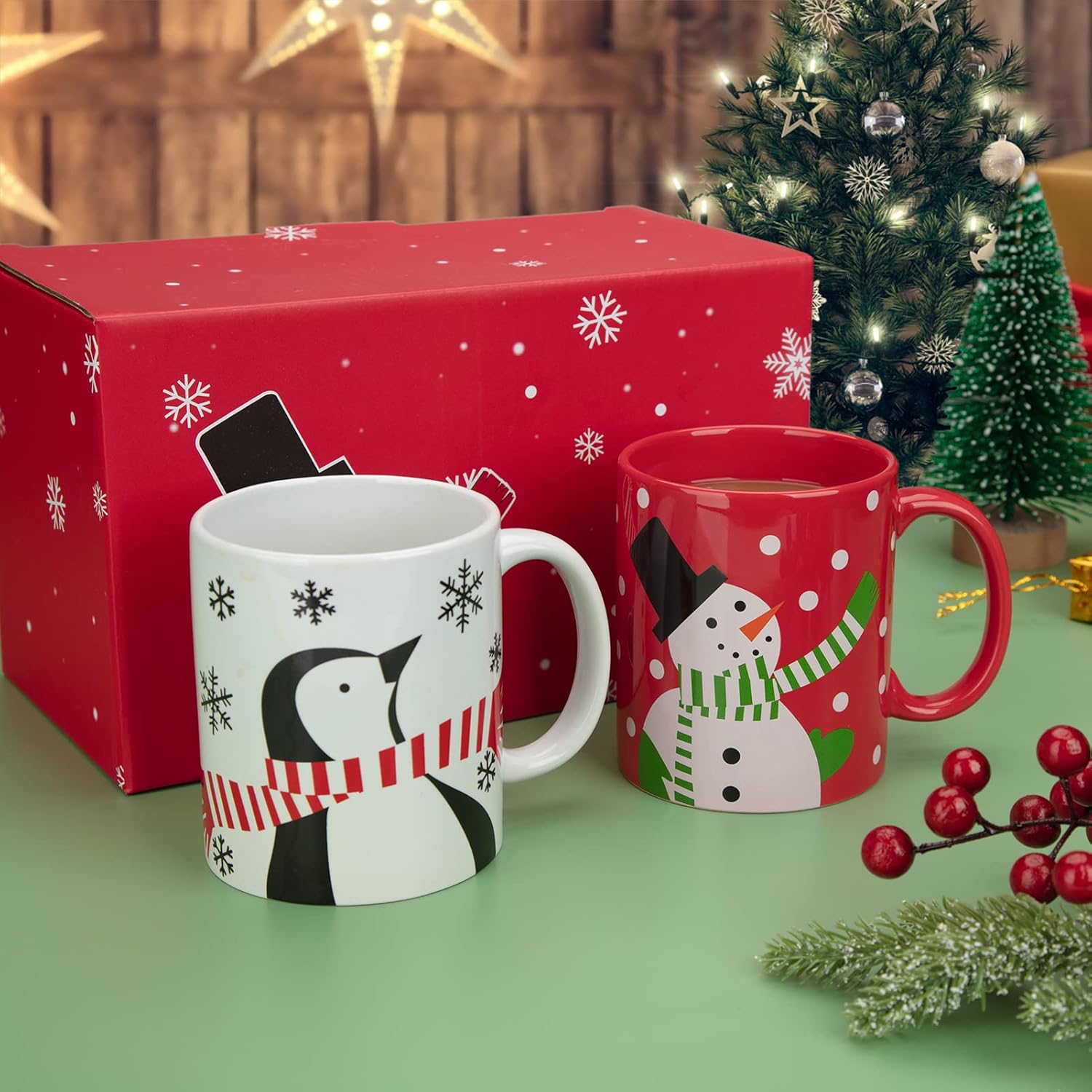 2 tazas de cerámica de Navidad, regalos de primera calidad, tazas rojas y blancas de 12 onzas con asa, aptas para microondas para café, té, cacao,