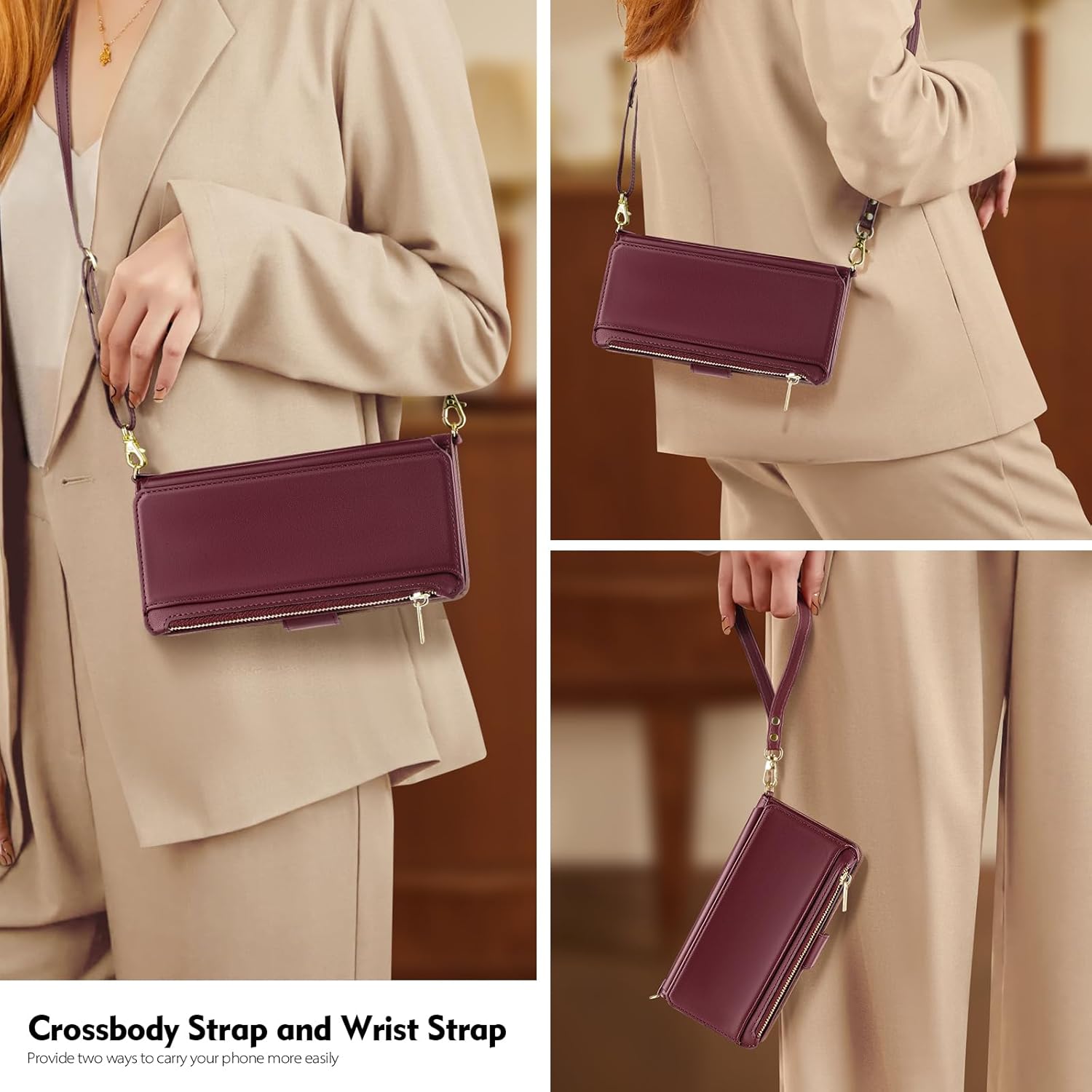 Antsturdy Funda tipo cartera compatible con iPhone 15 para mujer con bloqueo RFID, funda cruzada de piel sintética con cremallera y correa para la