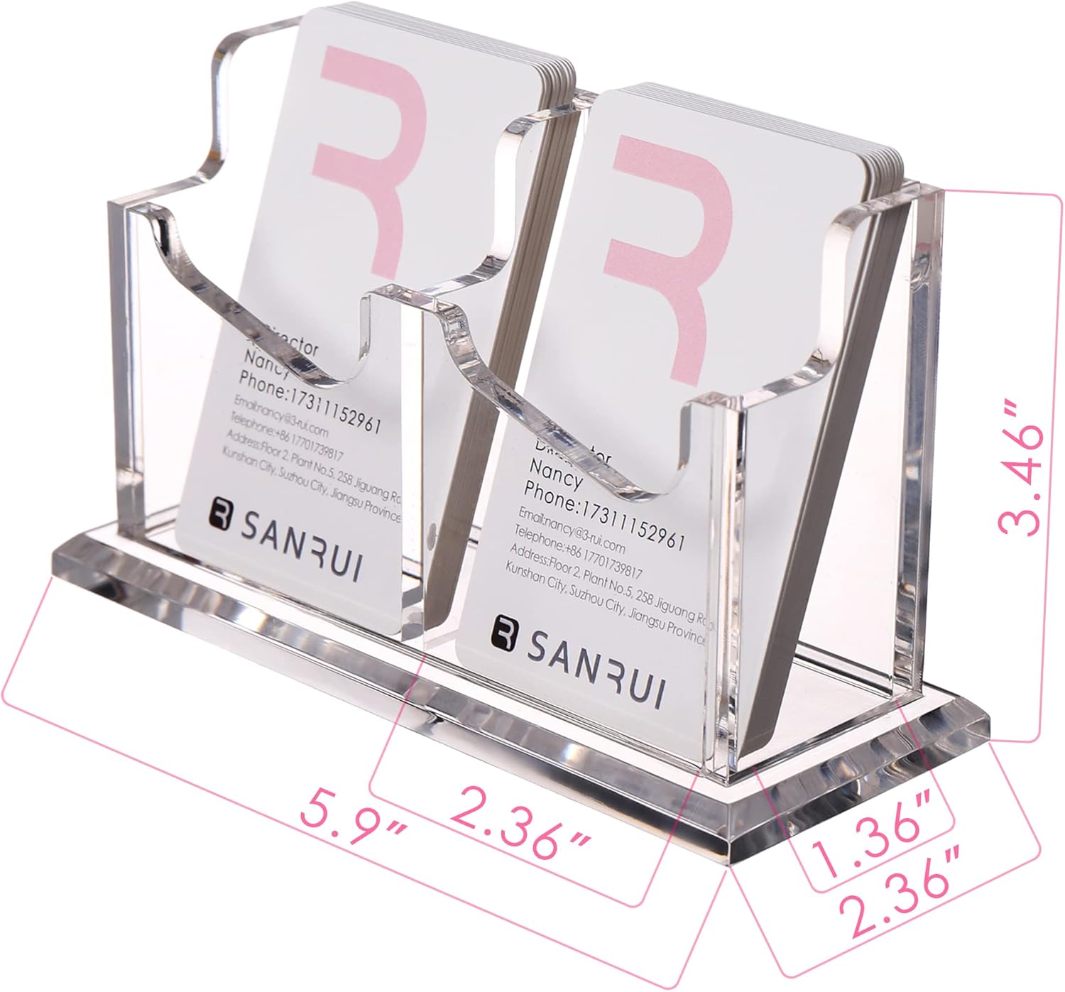 SANRUI Soporte vertical para tarjetas de visita para escritorio, soporte de acrílico transparente para tarjetas de presentación, 2 ranuras de 1