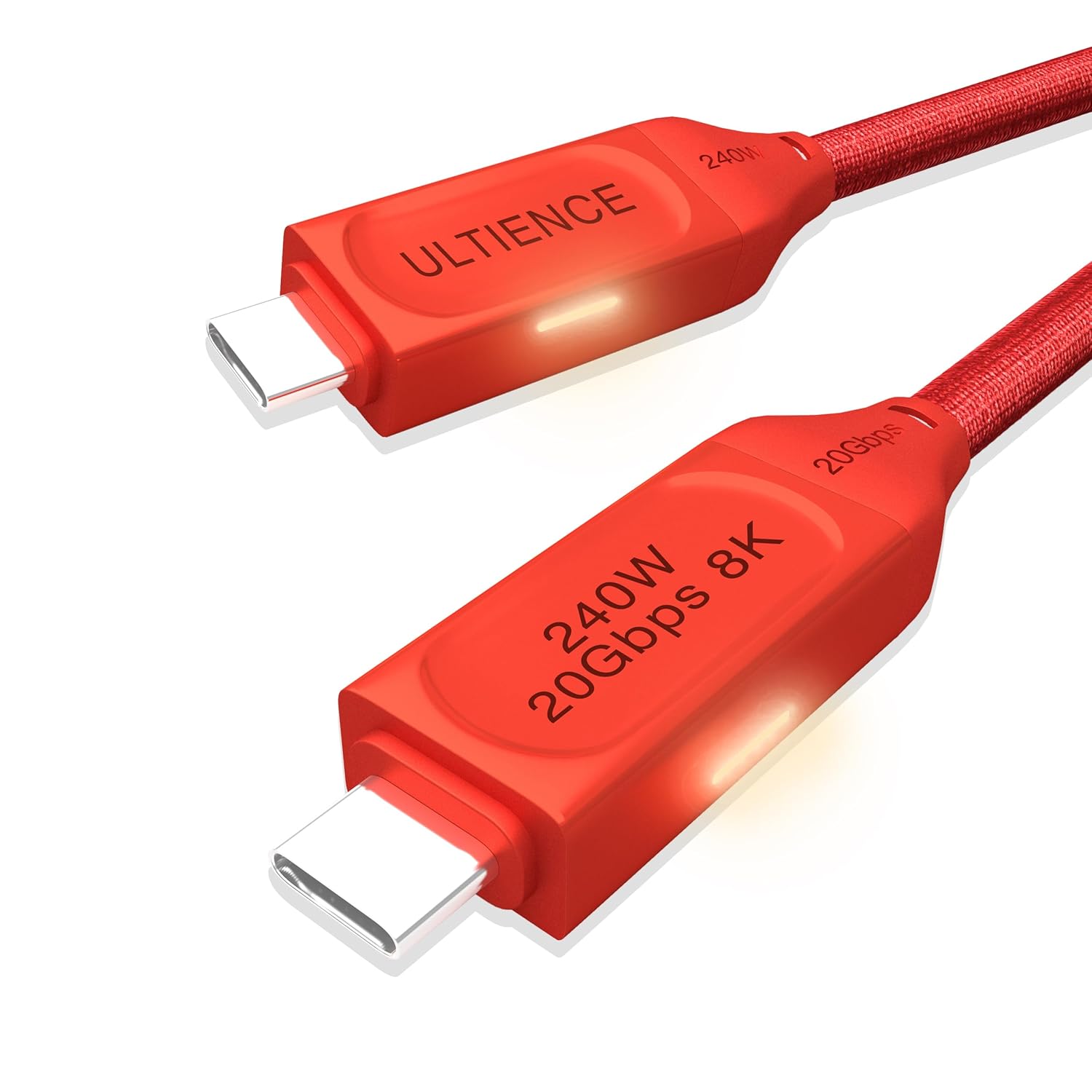 Cable USB-C a USB-C de 240 W de carga rápida, compatible con monitor Thunderbolt 3USB4PD8K, cable trenzado de 4.9 pies con indicador LED