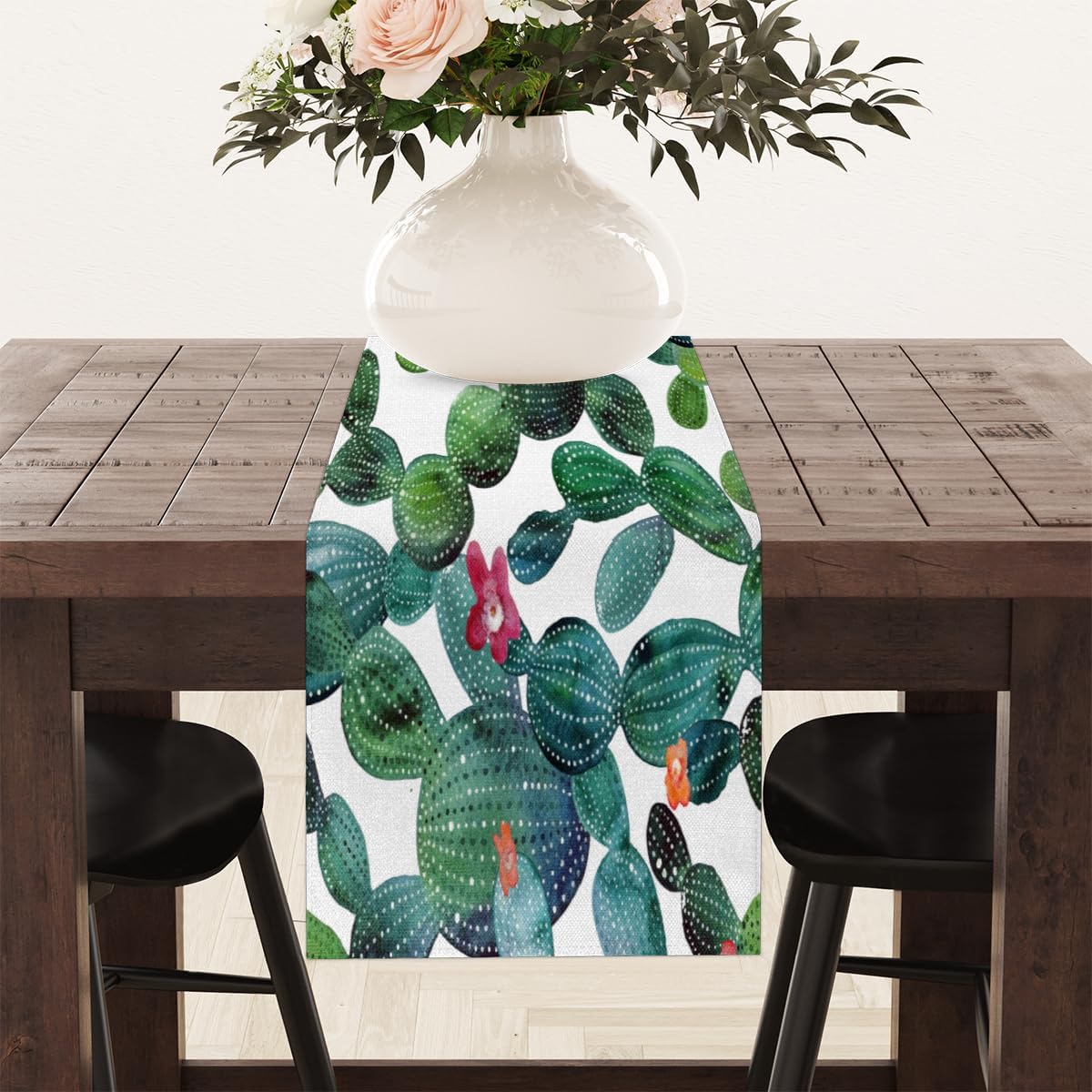 Table Runner Tropical Cactus Pattern, Rustic Linen Table Cloth, Kitchen Dining Table Decoration for Home Party Decor 13 x 48 Inches