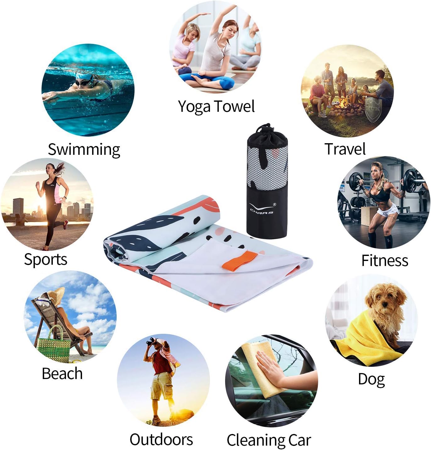 Toalla de playa de microfibra CHARS de secado rápido con bolsa, es muy absorbente, libre de arena, para niños, adolescentes, adultos, viajes,