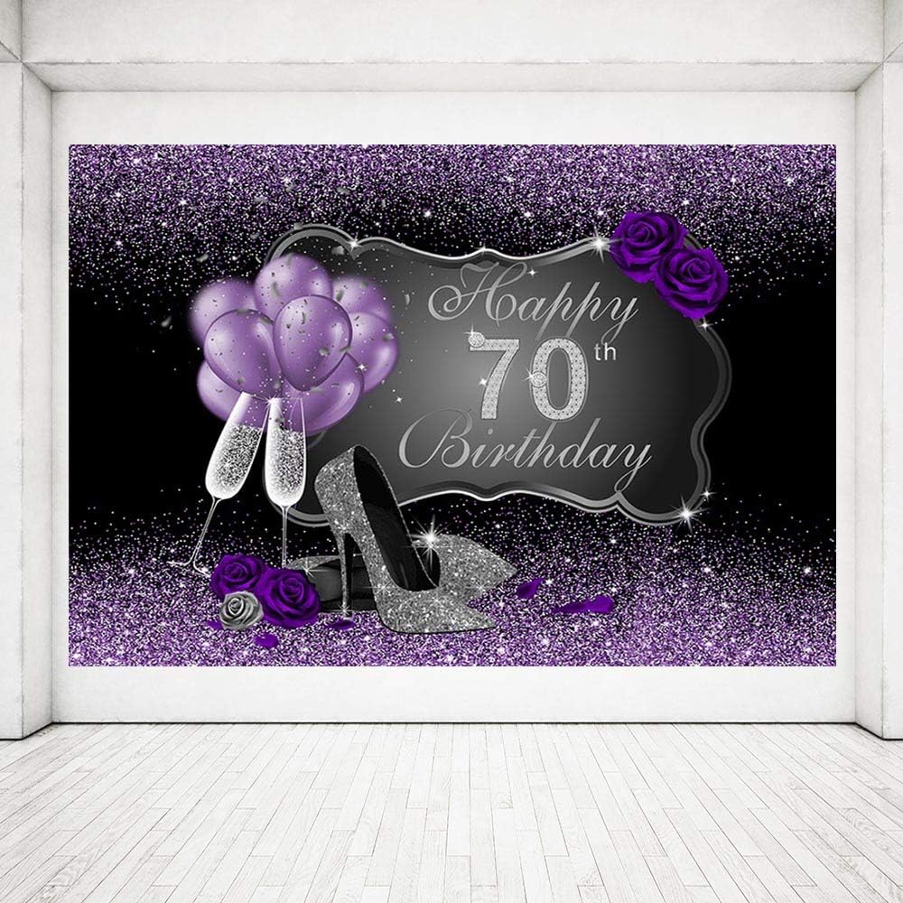 MEHOFOTO Fondo fotográfico negro y morado con tacones altos plateados, globos de rosa morada para fiesta de cumpleaños número 70, telón de fondo