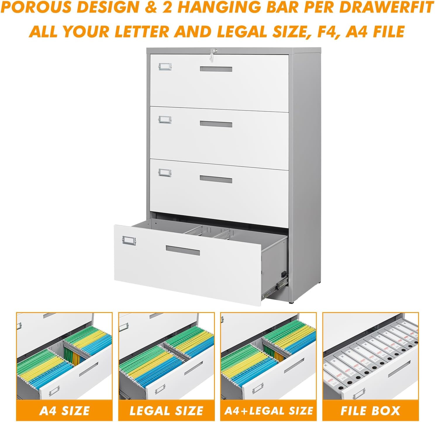 Archivador de 4 cajones con cerradura, 4 cajones de acero para organización de archivadores anchos, archivador lateral de acero para colgar