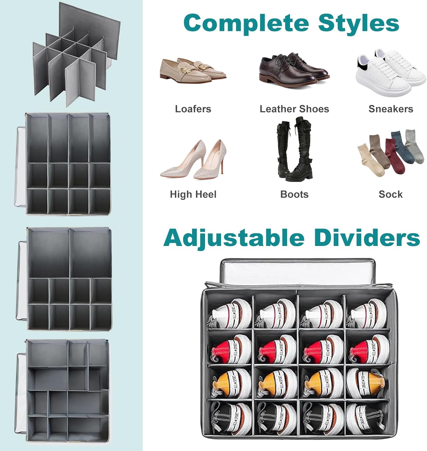 VERONLY Caja organizadora de zapatos grande para armario, contenedores de almacenamiento ajustables para zapatos, contenedores plegables para