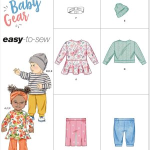 Simplicity Vestido de punto para bebés, top, pantalones, sombrero y diadema en tallas S-M-L patrón de costura, multicolor, 2 piezas Simplicity Vestido de punto para bebés, top, pantalones, sombrero y diadema en tallas S-M-L patrón de costura, multicolor, 2 piezas