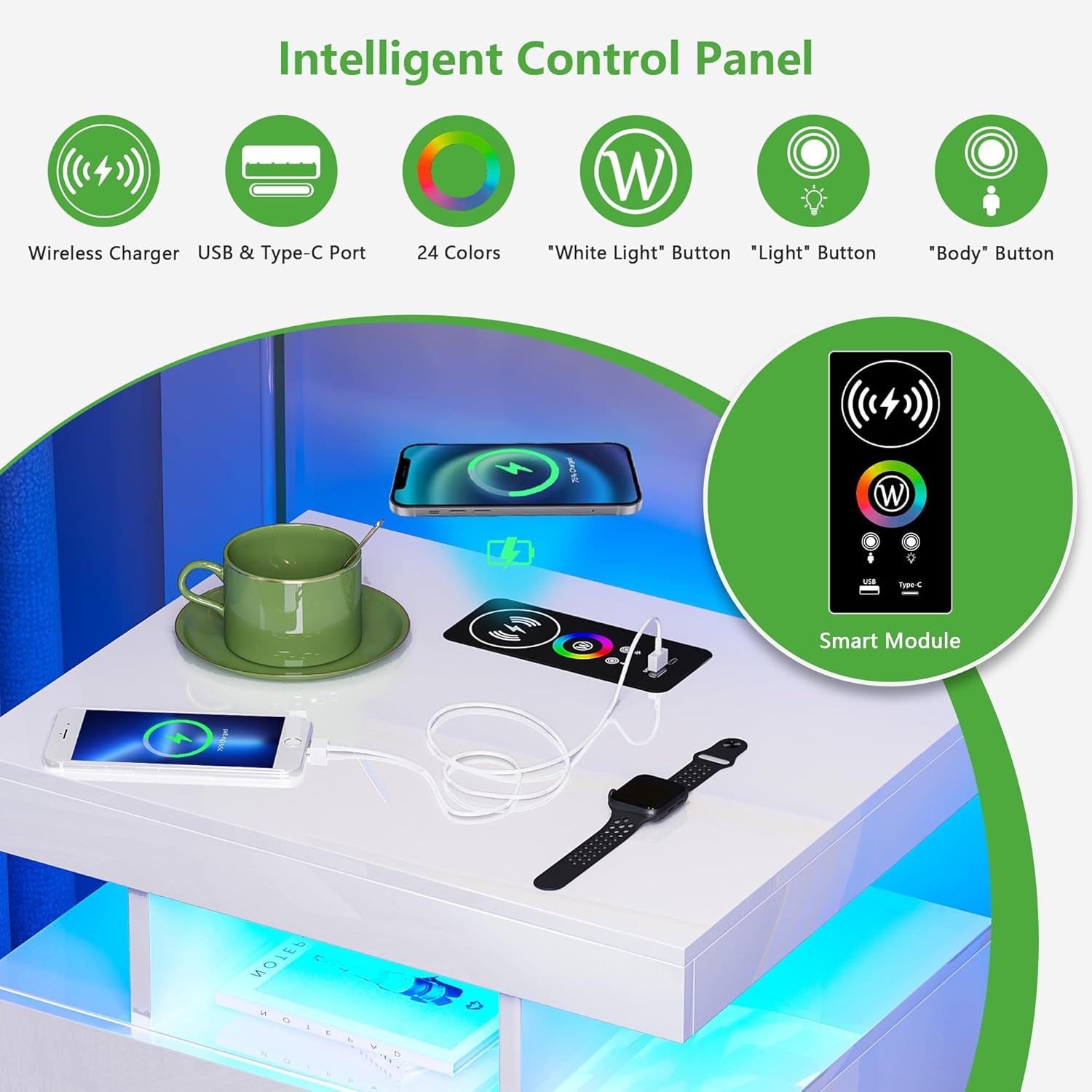 HNEBC Mesita de noche LED, RGB blanco con estación de carga USBinalámbrica, moderna mesita de noche con sensor automático de luces RGB, mesa