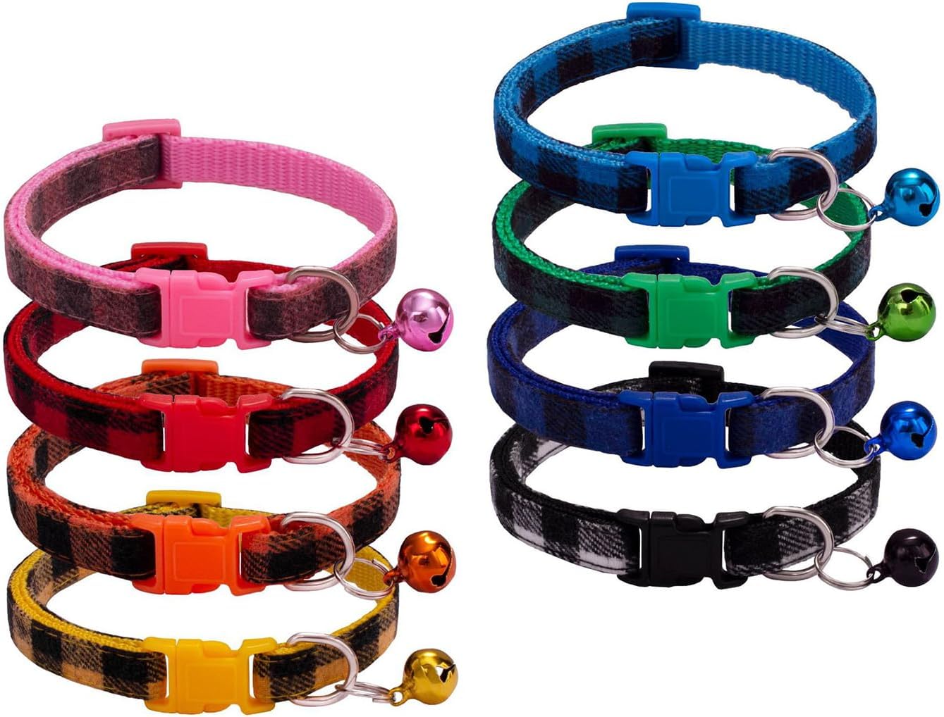 Paquete de 8 collares clásicos a cuadros para cachorros con campanas, collares de identificación de gato ajustables de 7.5 a 12.6 pulgadas, bonitos