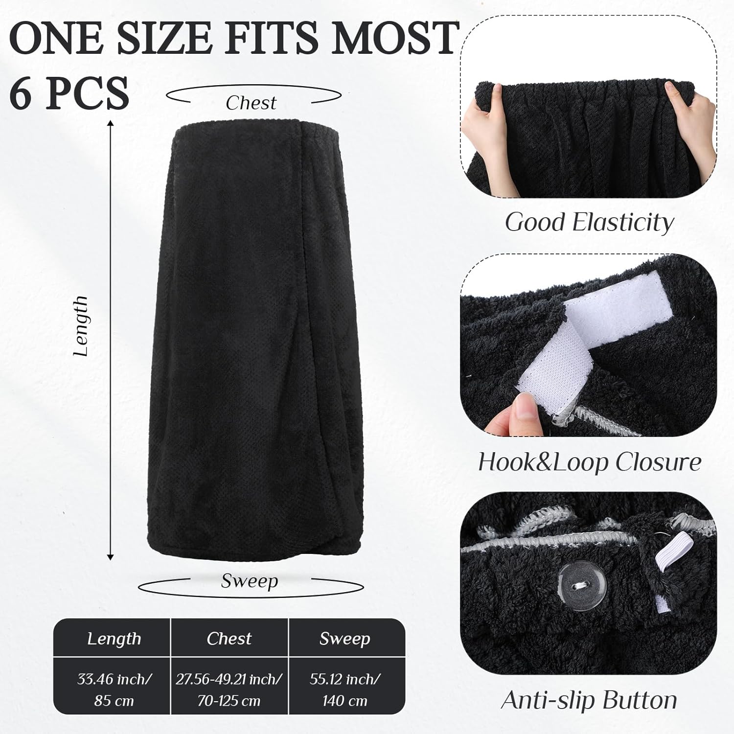 Tigeen 6 toallas de baño para mujer, bata de spa con cierre ajustable, parte superior elástica, vestido ligero (Negro, M)
