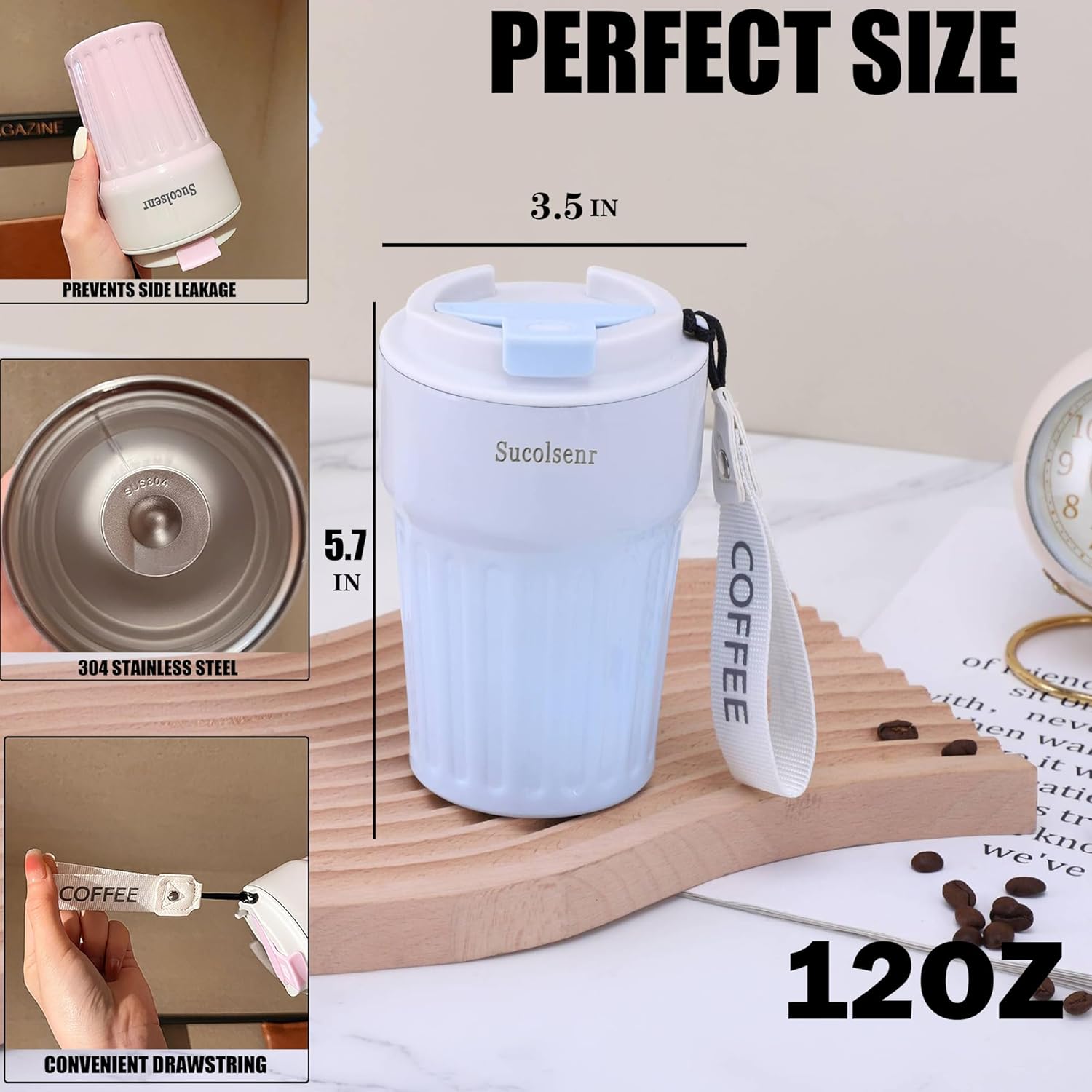 Sucolsenr Vaso de café aislado sellado a prueba de fugas aislado al vacío botella de acero inoxidable 304 viaje, llevar agua caliente y fría 14oz