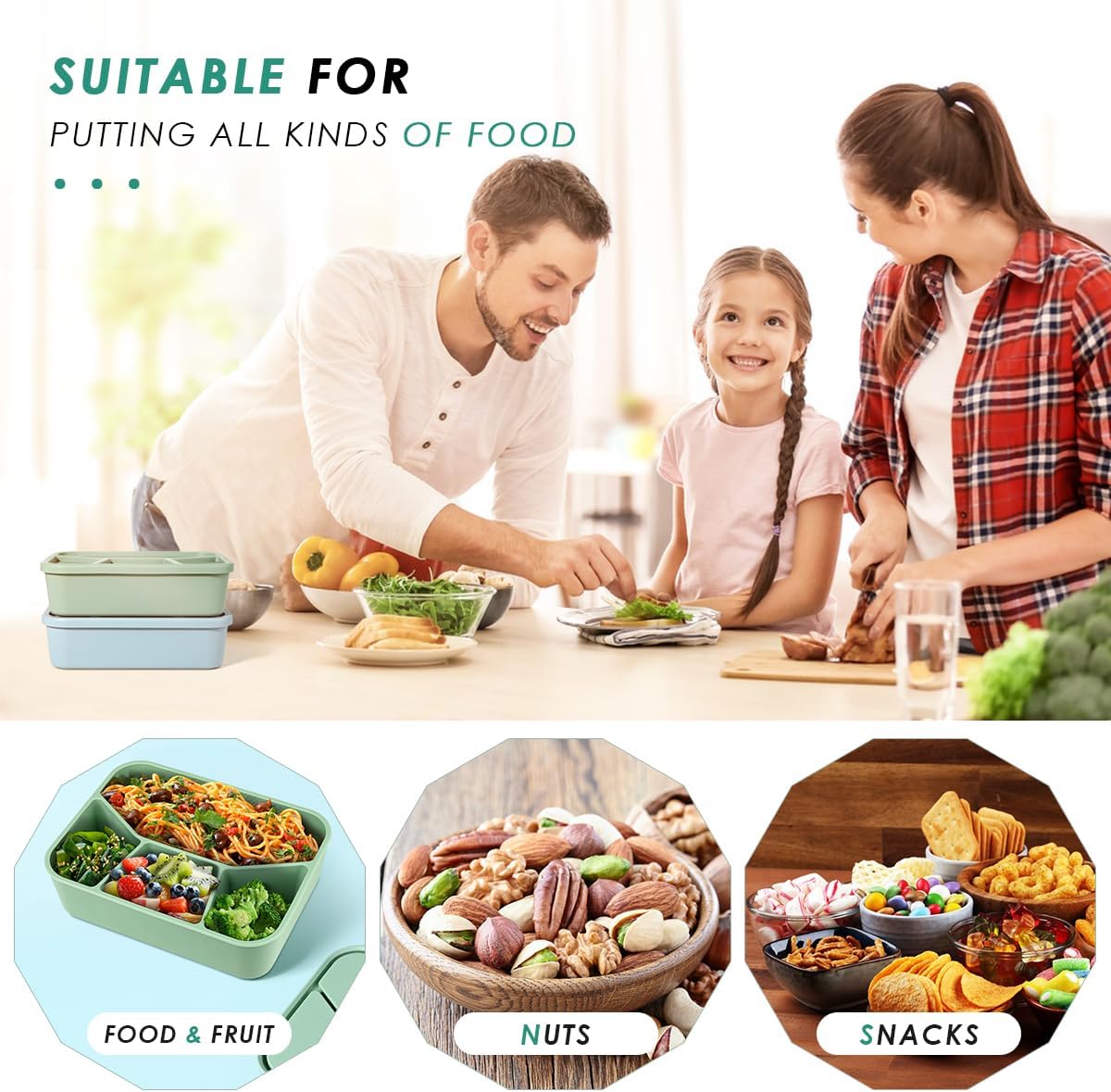 Keweis Caja Bento de silicona, contenedor de 4 compartimentos con tapas, cajas Bento para ensaladas a prueba de fugas, herméticas, aptas para