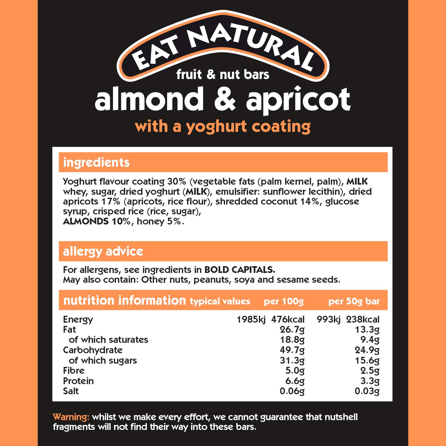 Eat Natural Barra de Frutas y Nueces con Recubrimiento de Almendra Albaricoque y Yogur, 5.29 oz
