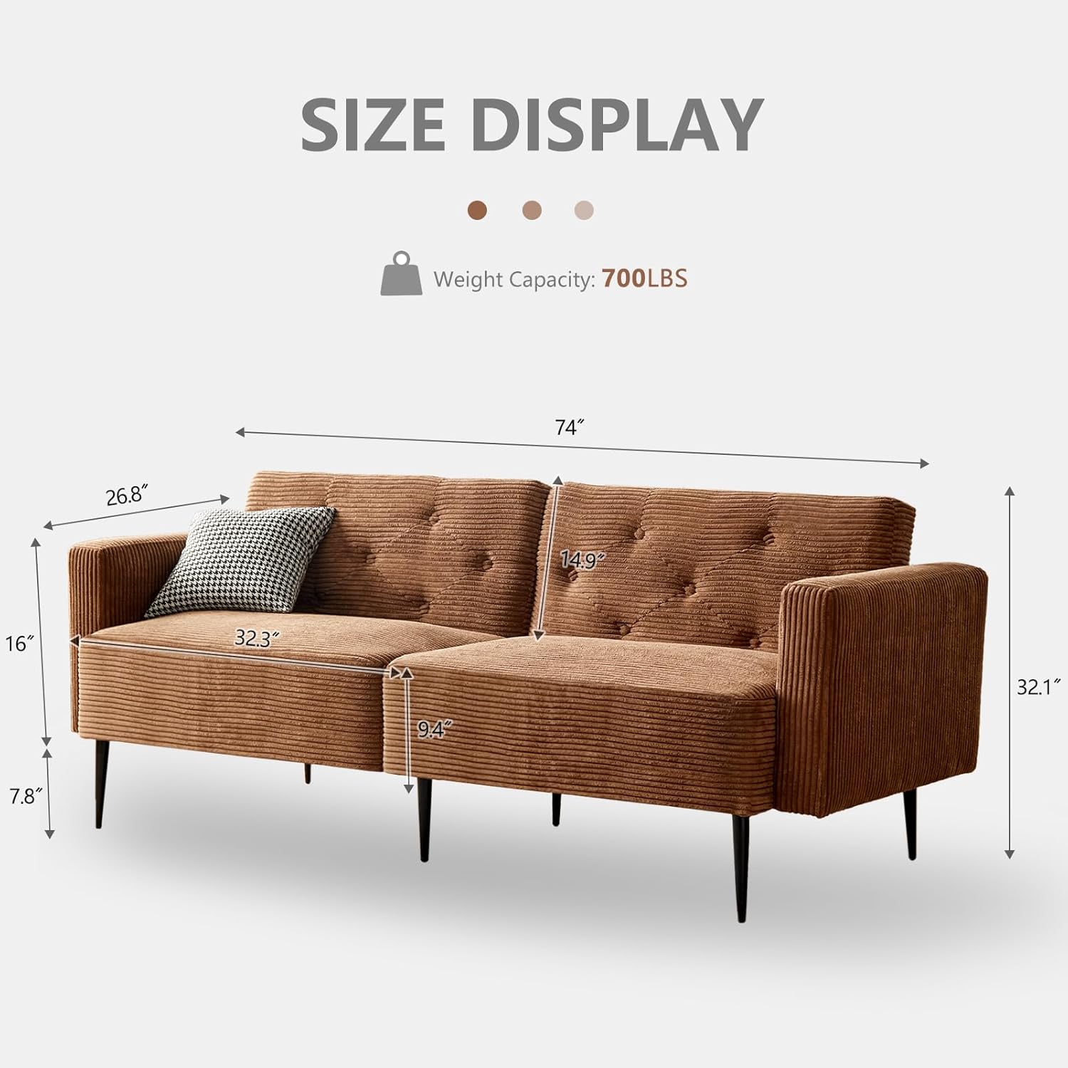 Cpintltr Sofá biplaza de terciopelo de 74 pulgadas, sofá cama convertible con patas de metal cónicas tapizadas, asientos muebles para sala de estar,