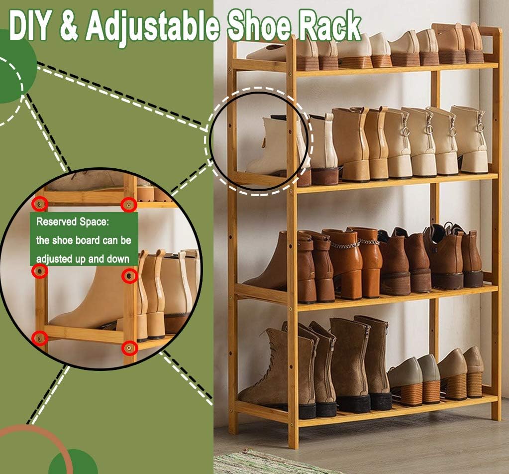 HOLIFLY Zapatero organizador de 4 niveles de madera y bambú para entrada, ajustable a zapatos de botas, almacenamiento premium para dormitorio