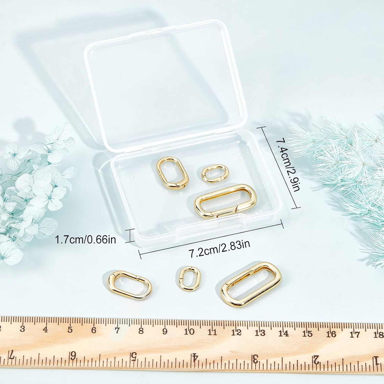 SUNNYCLUE 1 caja, 6 unidades de 3 tamaños de latón ovalados de latón para puerta de resorte, llavero de oro de 18 quilates, mosquetón, cierres de