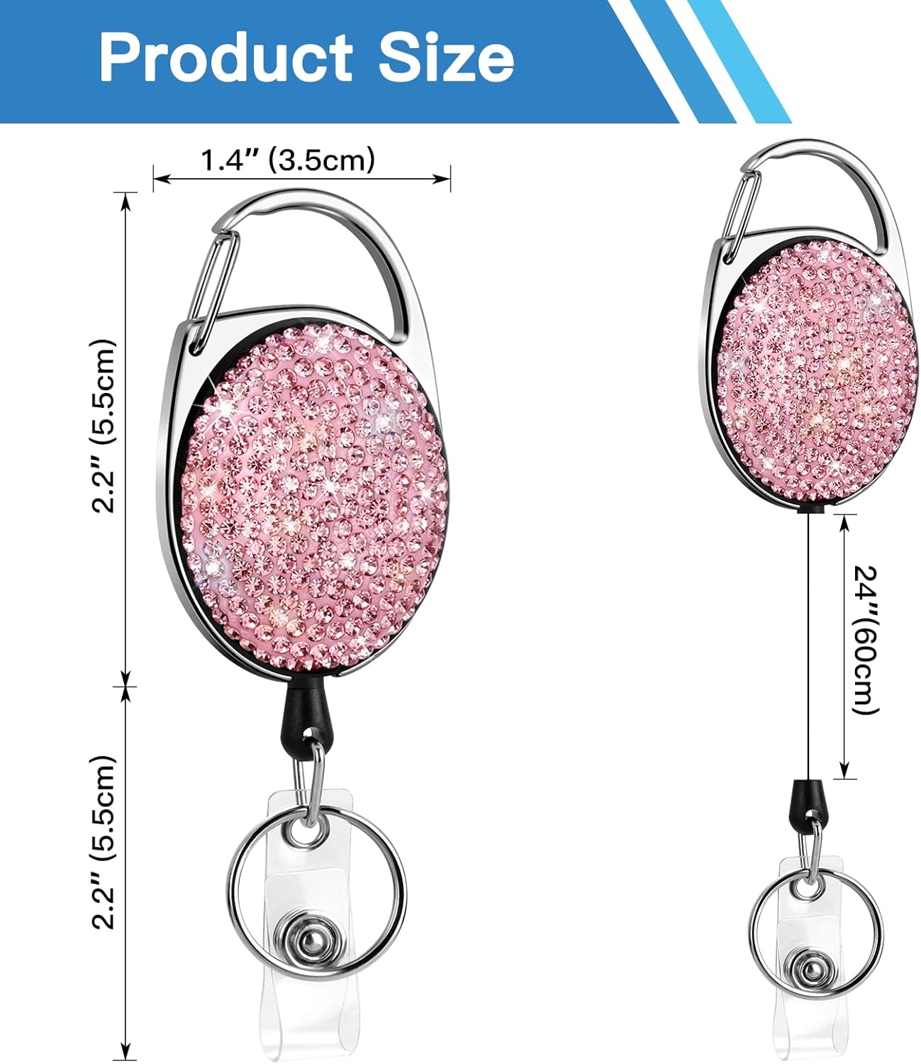 SAVORI Soporte retráctil con clip para cinturón, llavero con diamantes de imitación, carrete de tarjeta de identificación, cordón de 24 pulgadas,