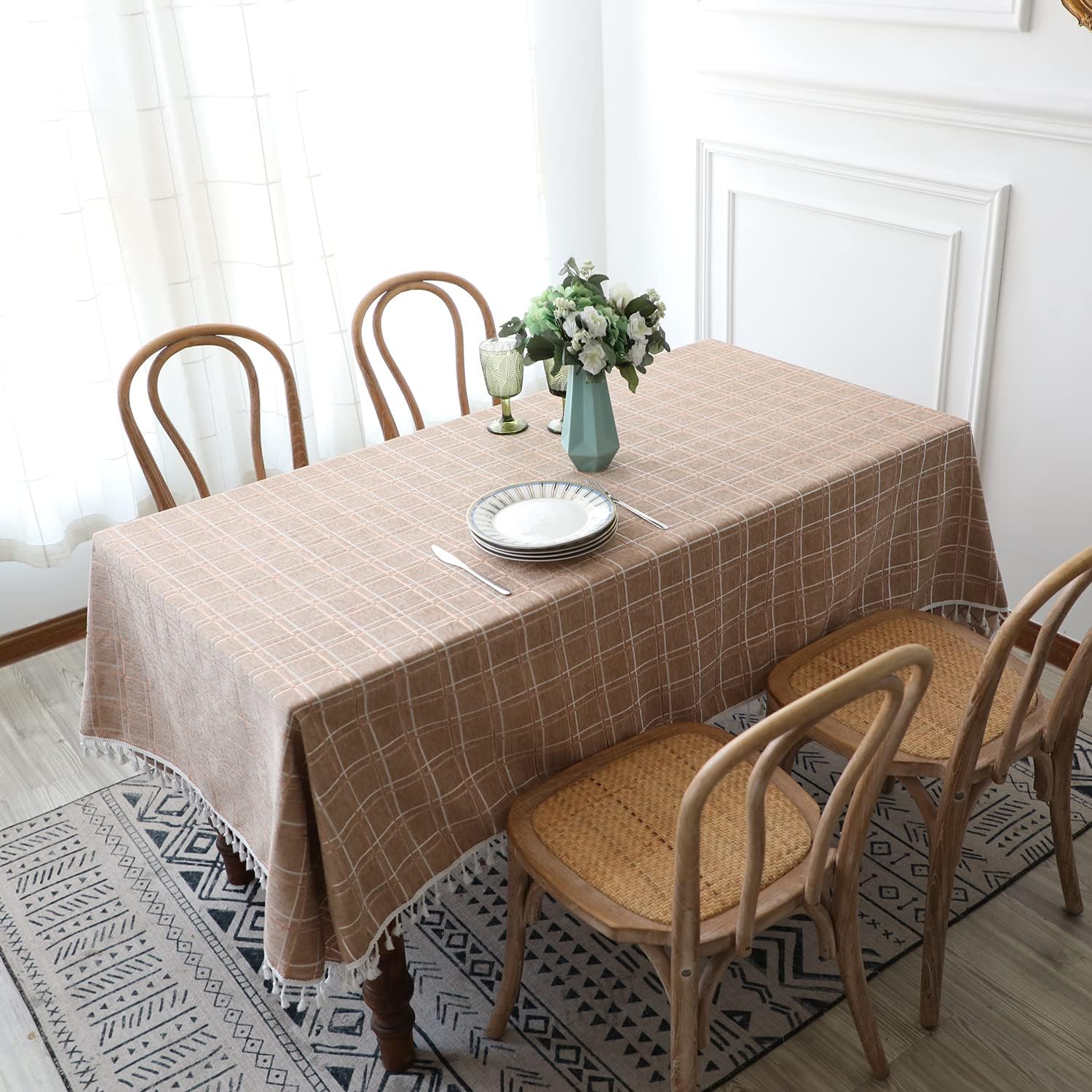 Mantel rectangular de lino de algodón con borlas, impermeable, resistente a las arrugas, tela decorativa, mesa auxiliar, mesa auxiliar, funda de
