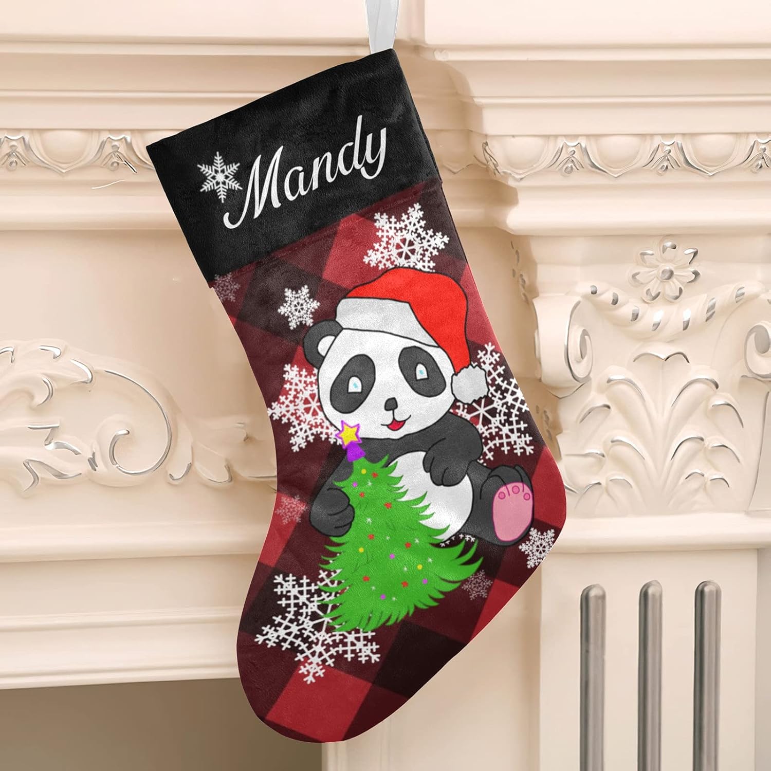 Calcetines de Navidad personalizados a cuadros negros y rojos y lindos pandas con nombre, medias de Navidad personalizadas para decoración de