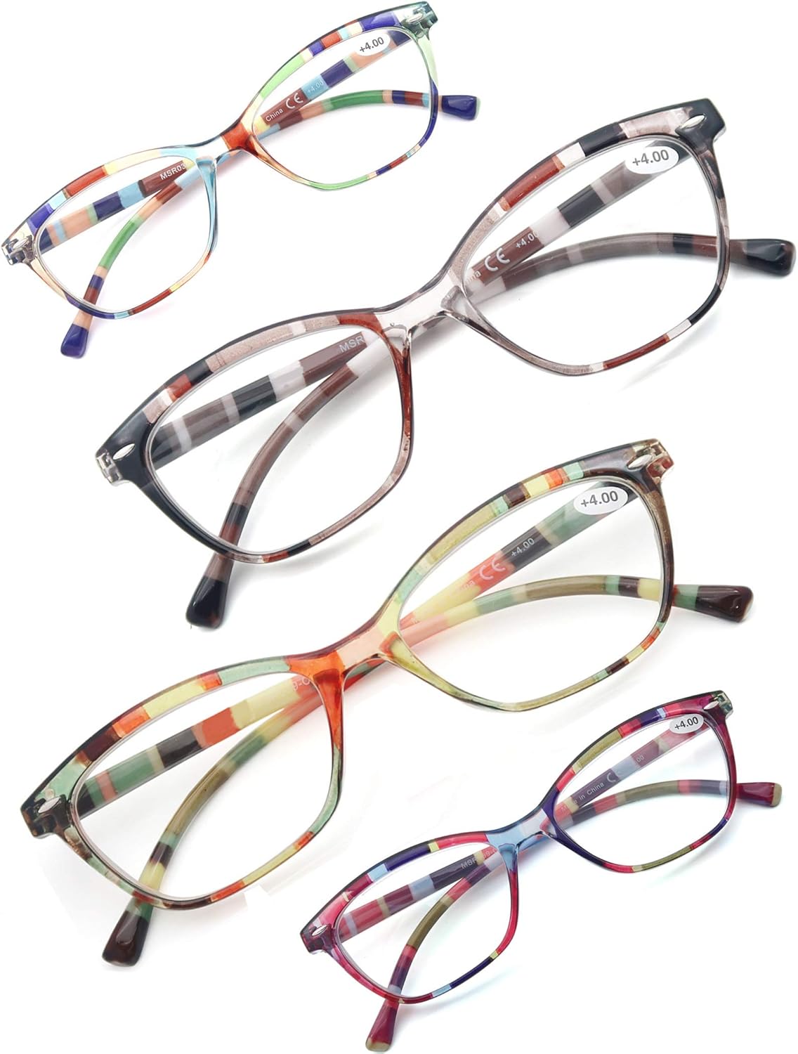 Gafas de lectura para mujer, paquete de 4 unidades, coloridos 2.25 lectores, hermoso patrón de ojos de gato para leer, ligeros, flexibles con