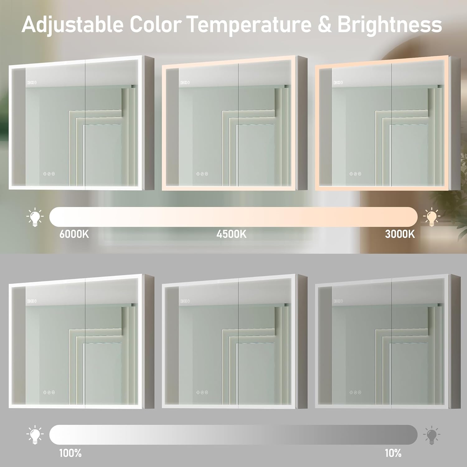 MIRPLUS Botiquín de baño de 36 x 30 pulgadas con espejo LED, 3 luces de color y ajuste de brillo, pantalla antivaho de tiempo y temperatura, montaje