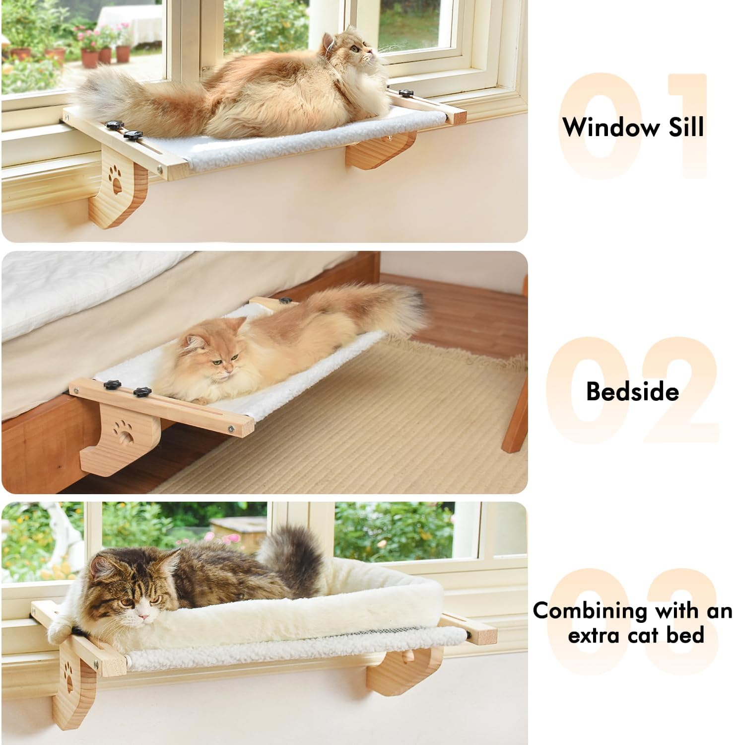 AMOSIJOY Percha para ventana de gato resistente con marco de madera y metal para gatos grandes, cama para gatos grandes fácil de ajustar para