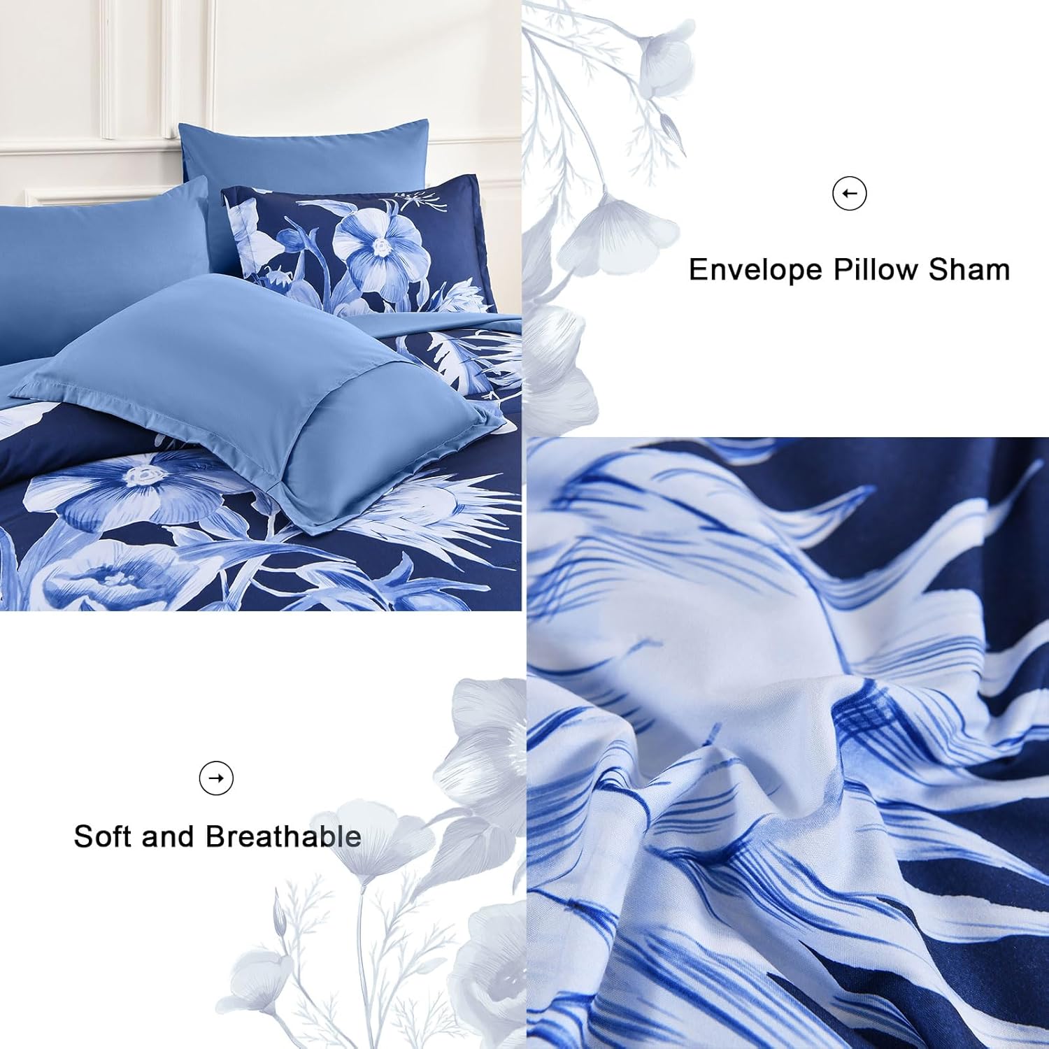 Luxudecor Juego de edredón floral tamaño King de 7 piezas, cama de flores azul marino en una bolsa, elegante edredón floral con juego de sábanas,