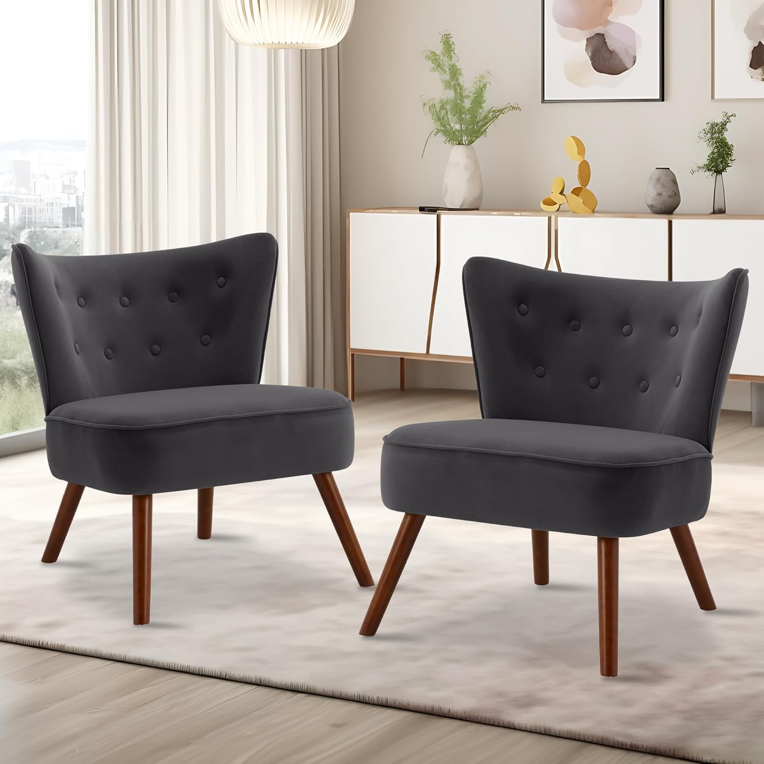 Silla decorativa de terciopelo moderna de mediados de siglo, silla de sala de estar sin brazos con patas de madera, silla de club con respaldo