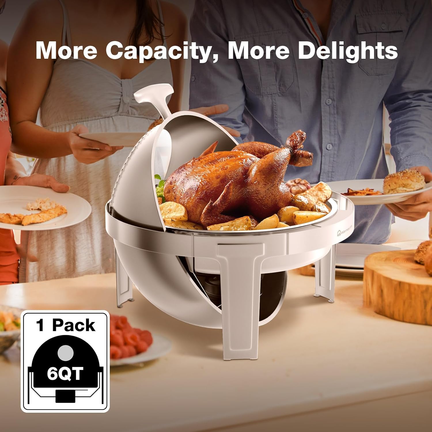 Juego de bufé de 6 cuartos de galón, platos redondos para bufé con tapa visible, utensilios de servir, chafers de acero inoxidable para catering