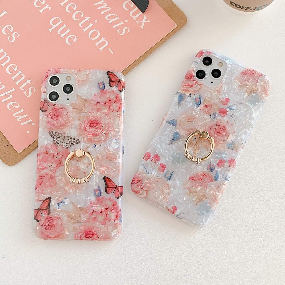 Qokey Funda para iPhone Xs Max, funda transparente con diseño de flores, linda moda para mujeres y niñas, con soporte de anillo giratorio de 360